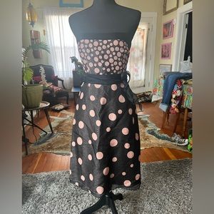 Kay Unger NY black and pink polka dot chiffon strapless cocktail/prom dress sz4